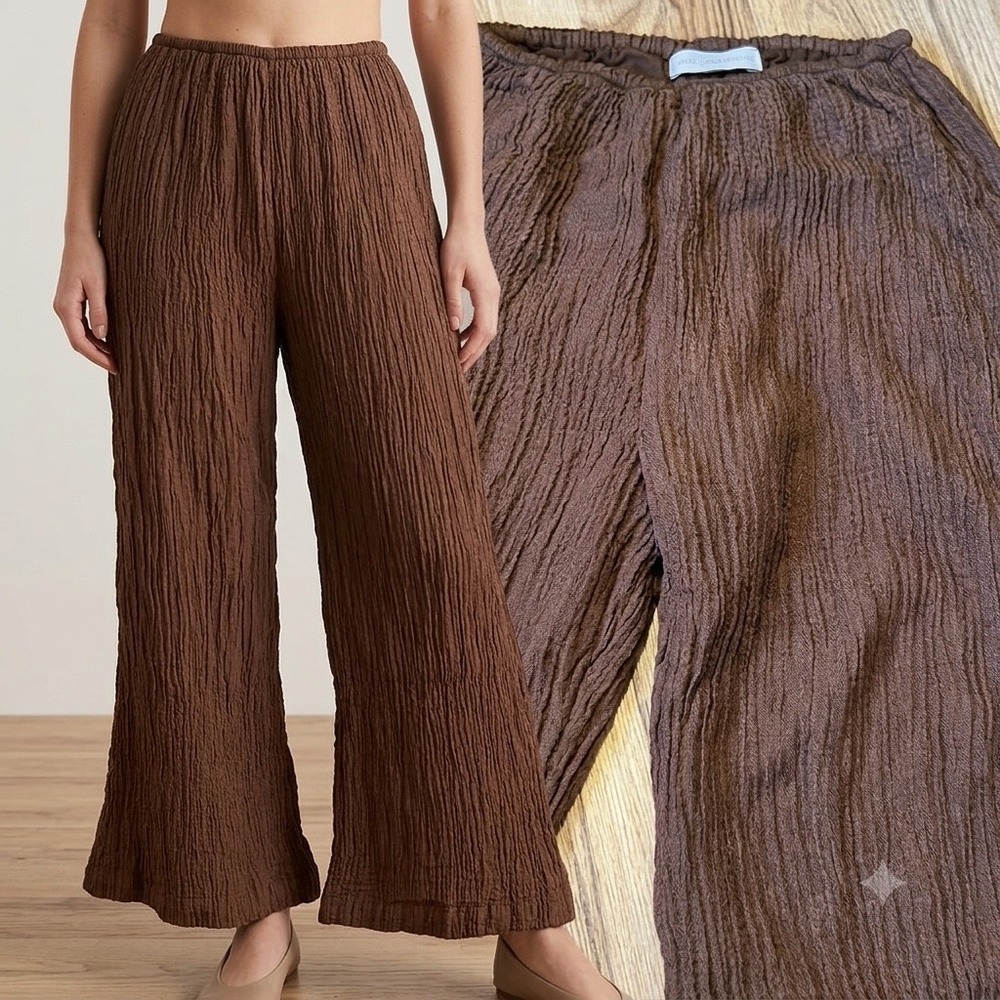 Faithfull The Brand Brown Crinkle Linen Blend Wide Leg Pants Size S Small